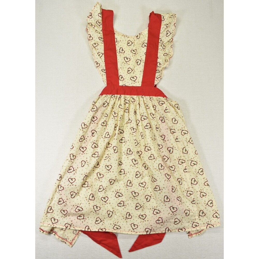 VTG Handmade Ruffle Pinafore Apron Cream Red Hearts Cottagecore Retro Kitchen